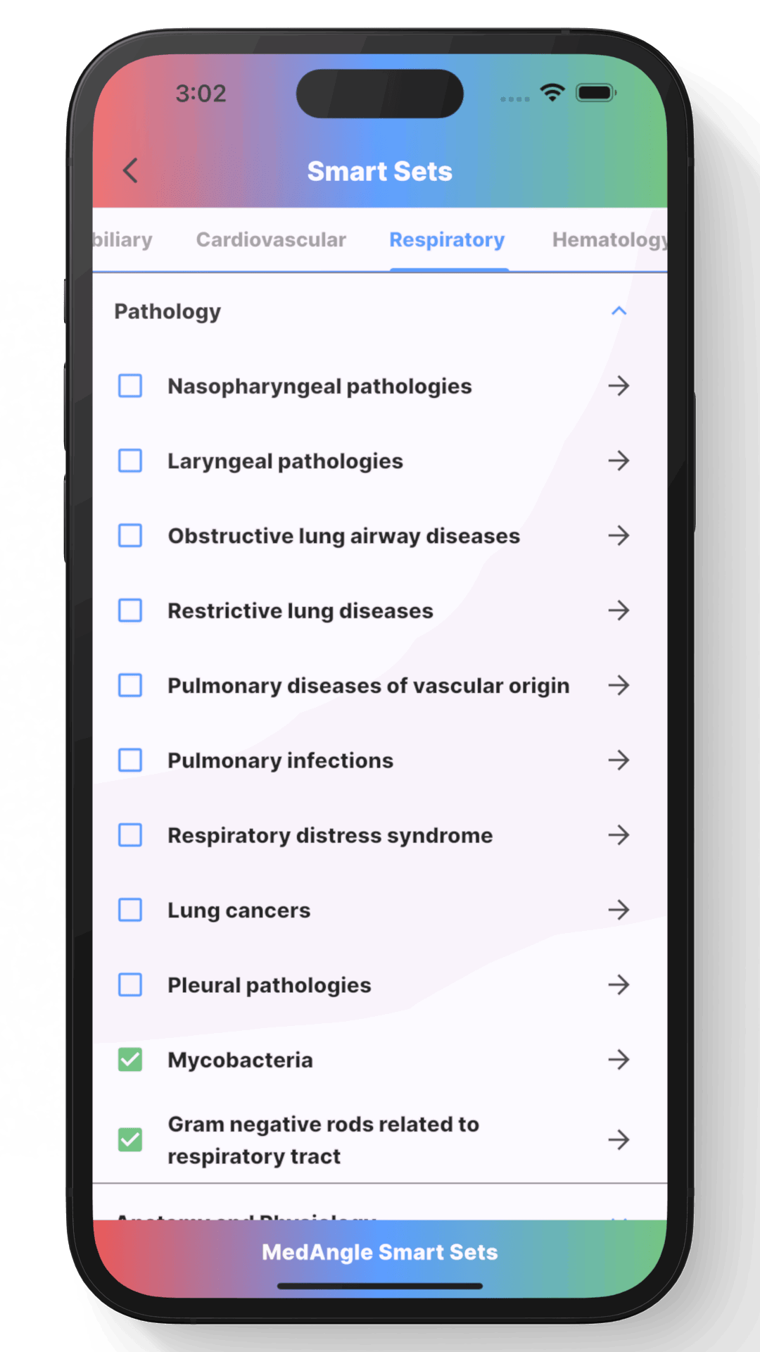 MedAngle Smart Sets showing various topics for MCQs